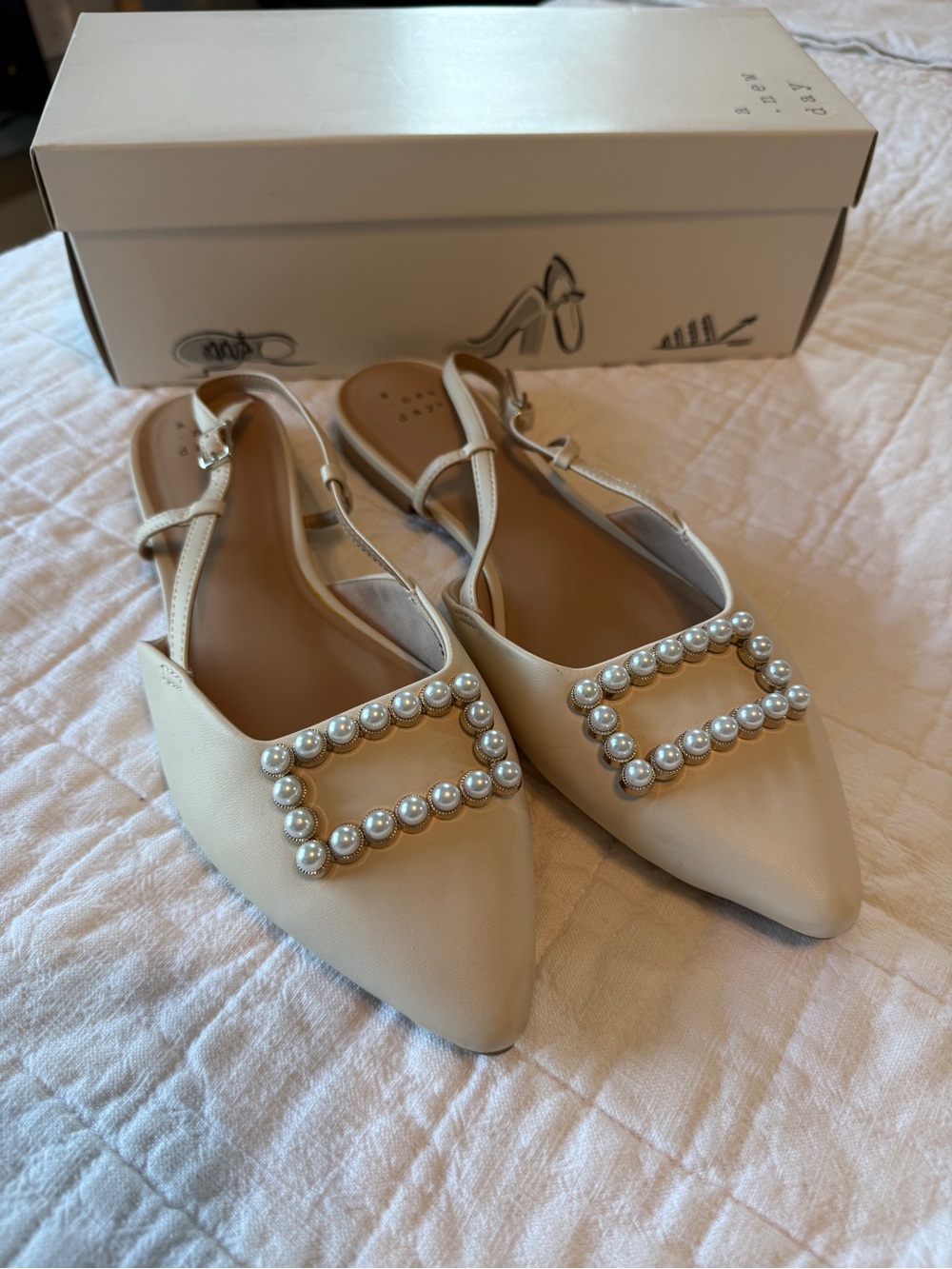 a new day Pearl-Embellished Pointed Slingback Flats in Cream